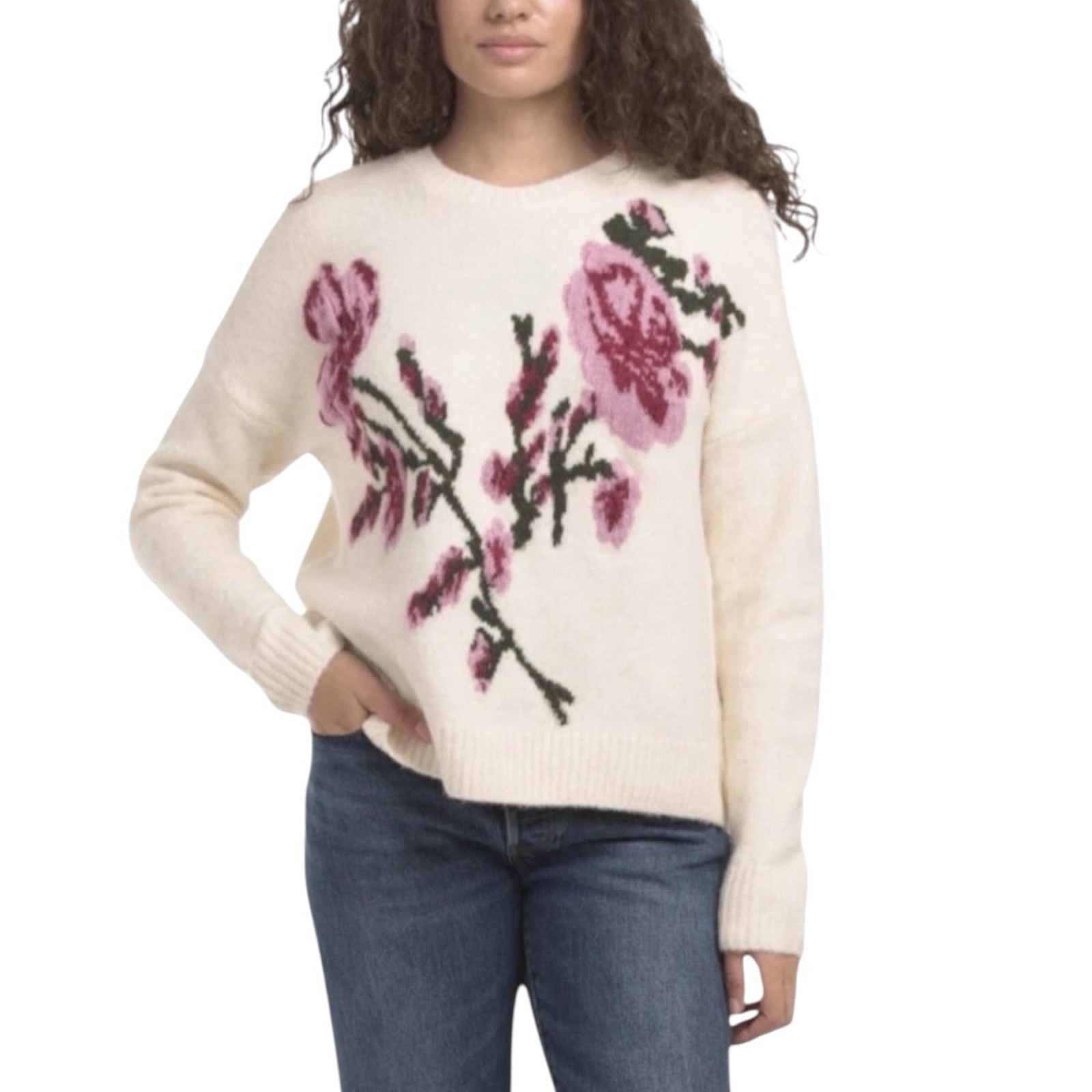 Ted Baker London Jacquard Cream Floral Sweater Fuzzy Knit Cottagecore Nwt